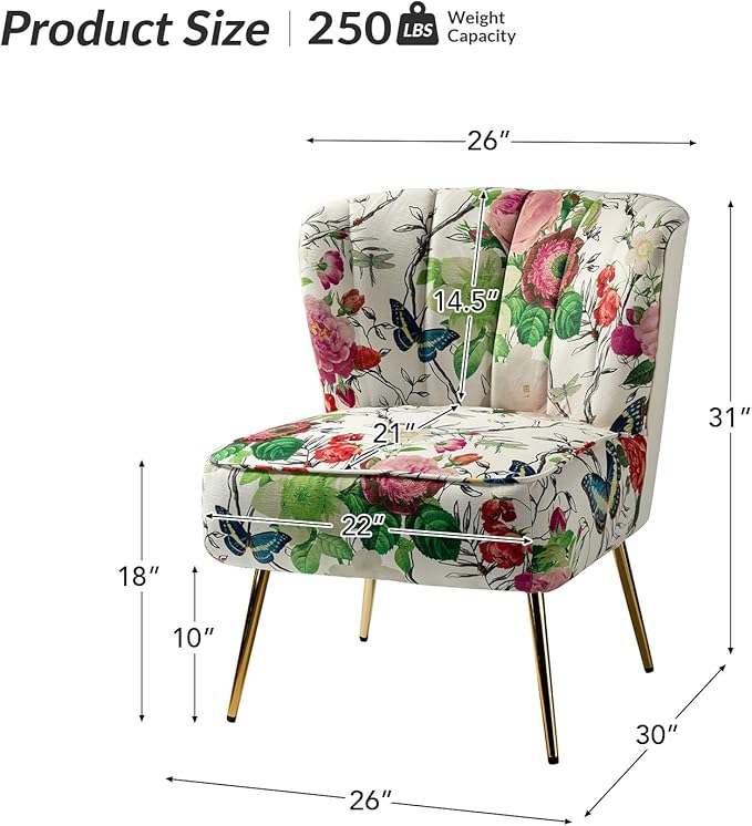 HULALA HOME Accent Chair with Golden Metal Legs Comfy Tufted Wingback Living Room Chair Floral Fabric Small Armless Side Chair Upholstered Slipper Chair for Bedroom Reading Room Flower Print