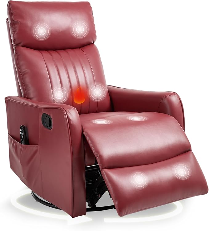 cinkehome Heated Massage Swivel Rocker Recliner Chair for Nursery - Small Space Reclining Chair with Lumbar Support 360° Swivel &amp Gentle Rocking Ergonomic High Back Faux Leather Red