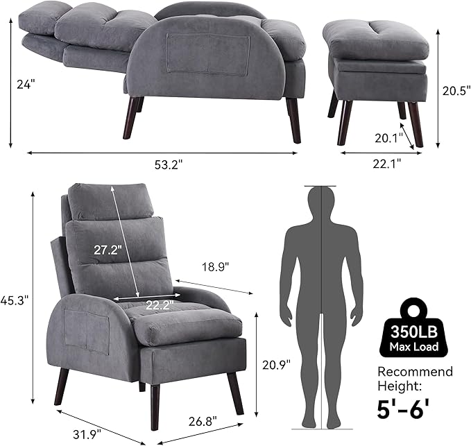 Accent Chair with Ottoman Comfy Reading Chair and Ottoman Set Modern Oversized Velvet Lounge Armchair with Adjustable Backrest for Living Room Bedroom Velvet Dark Grey