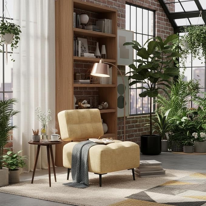EROMMY Accent Chair Armless Mid Century Modern Chair with Thick Cushion &amp Metal Legs Polyester Leisure Chair Comfy Side Corner Chairs for Living Room Bedroom Study Room Entryway (Yellow)