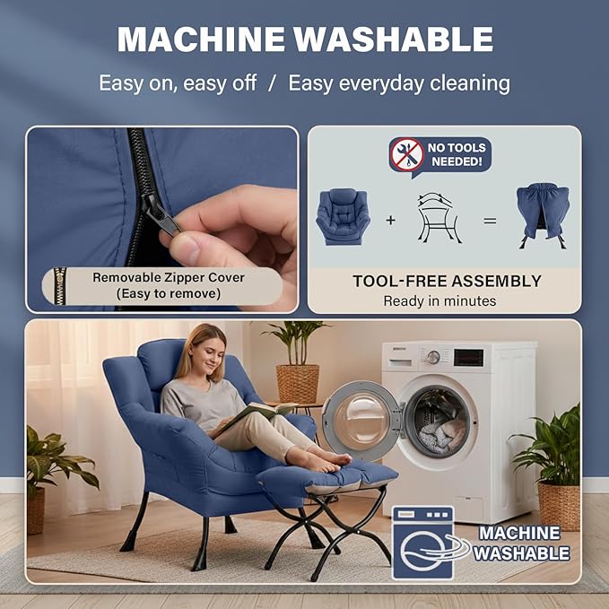 Lazy Chair and Ottoman Peach Blue Large Accent Chair with Side Pocket Modern Leisure Upholstered Sofa Reading Armchair with Footrest for Office Bedroom Living Room Dorm Rooms Balcony