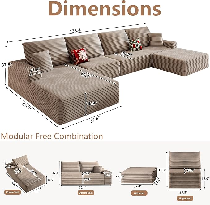 136 Boneless Cloud Couch with OttomanMoudular Sectional Sofa with Deep SeatModern Minimalist Sofas with 4 SeaterCorduroy U Shaped Couches for Living RoomNo Assembly(CamelLeft Facing Chaise)