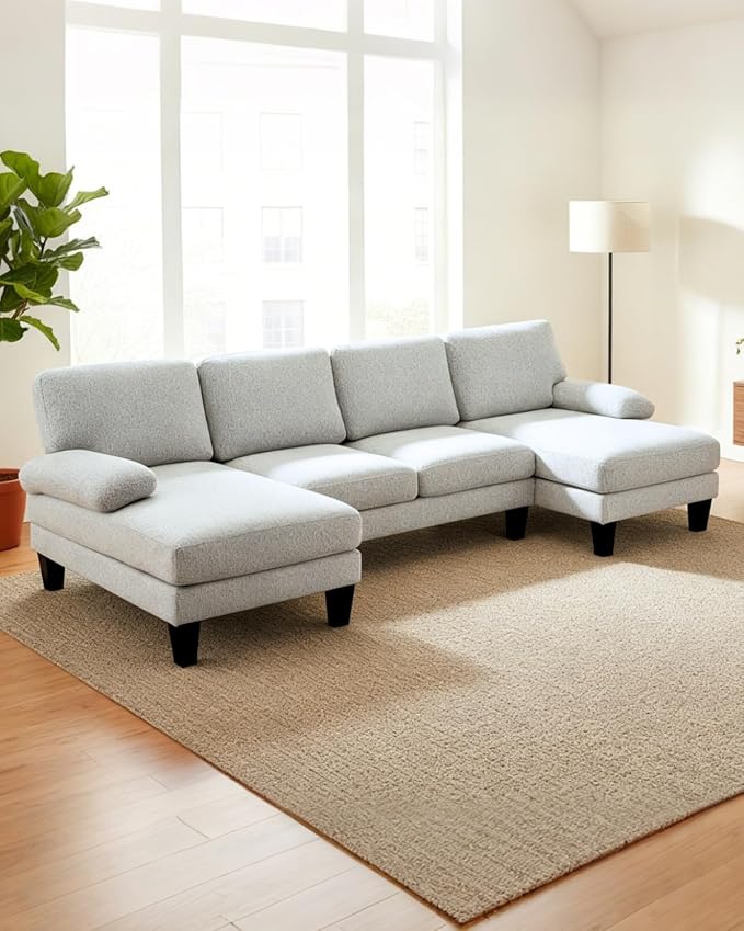 Karl home 110 Sectional Couches for Living Room U-Shape Sofa with Chenille Upholstery 4 Seat Sofa Set with Double Chaises &amp Wood Grain Legs for Apartment Light Gray