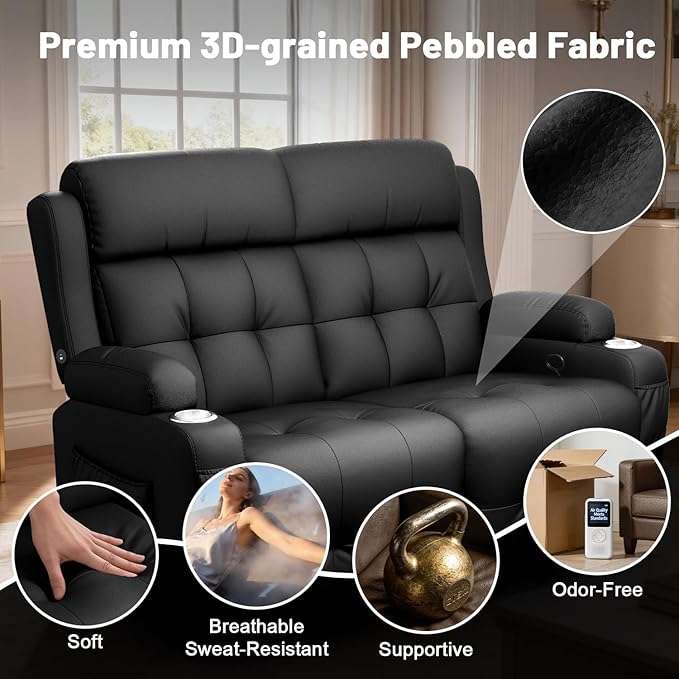 Reclining Loveseat Wall-Hugger Loveseat Recliner Design with USB/Type C Charging &amp Storage &amp Cupholder Pebble-Weave Fabric Recliner Sofa Couch for Living Room Home Theater &amp RV Use