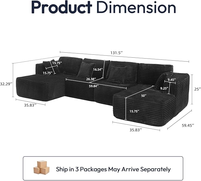 132 U Shaped Couch Modular Sectional Sofa with Chaise Flannel U Shaped Boneless Couch with Deep Seat Upholstered Modular Cloud Sofa for Living Room No Assembly Required Black Flannel