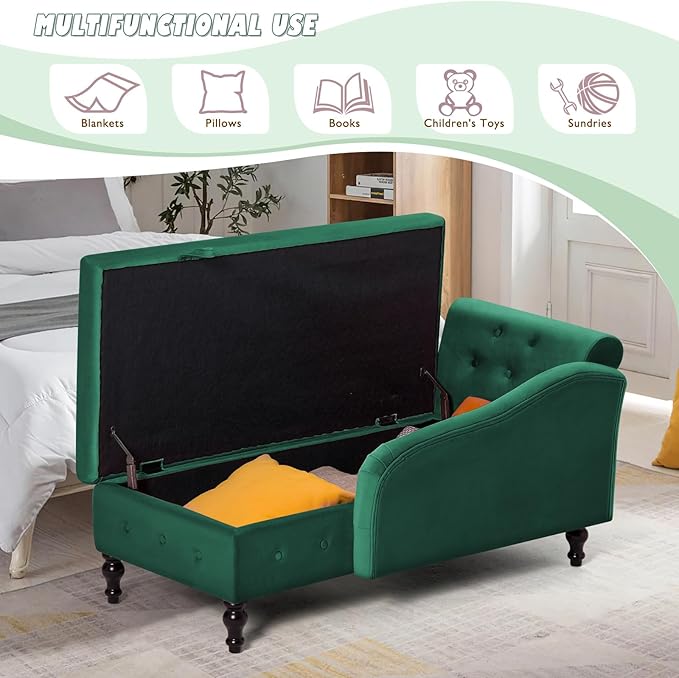 Upholstered Chaise Lounge with Left Armrest &amp Lumbar PillowButton Tufted Lounge Sofa with StorageLounge Chair IndoorModern Velvet Lounge Chair for Bedroom Living Room and OfficeGreen