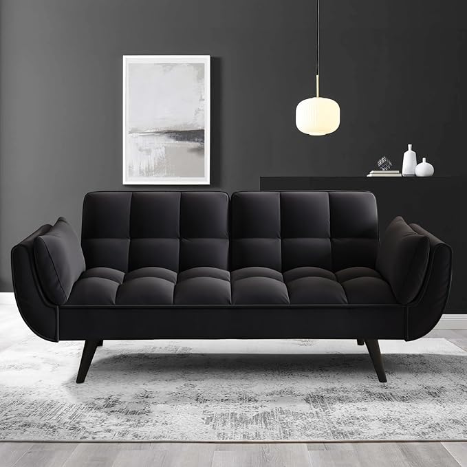 KINFFICT 57 inch Black Futon Sofa Couch Bed Comfy Velvet Upholstered Loveseat Convertible Sleeper Sofa cama with Adjustable Backrest Mid Century Modern Sofas for Living Room Bedroom Small Space