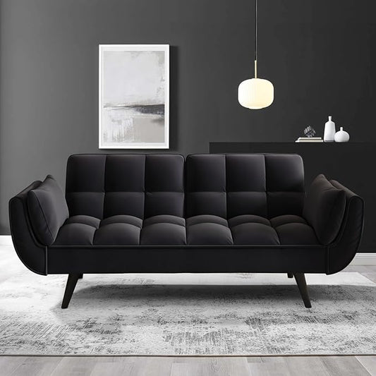 KINFFICT 57 inch Black Futon Sofa Couch Bed Comfy Velvet Upholstered Loveseat Convertible Sleeper Sofa cama with Adjustable Backrest Mid Century Modern Sofas for Living Room Bedroom Small Space