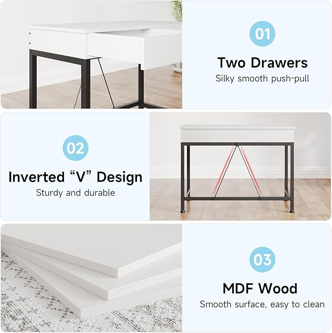Mexin Small White Desk with 2 Wooden Drawers 40 Inch Home Office Writing Desk White Vanity Desk with Storage Computer Desk for Bedroom Small Spaces Table for Office Work Kids Study Makeup