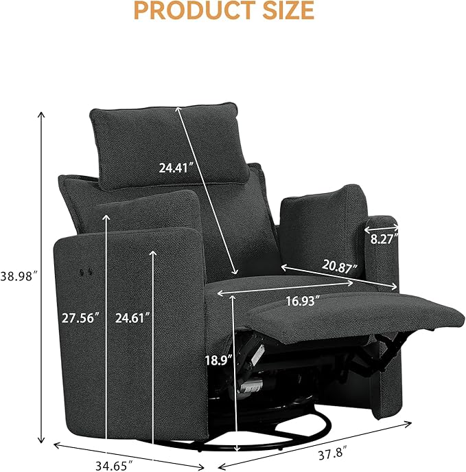 Power Swivel Rocker Recliner Glider Nursery Chair for Adults Modern Leisure Sofa Chair with 2 Pillows for Small Spaces Bedroom Living Room Beige (Dark Grey)