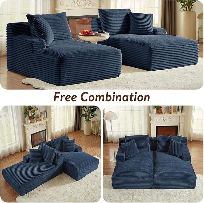 Oversized Double Chaise Lounge Chair IndoorWide Corduroy Boneless Chaise Lounges SofaComfy Upholstered Cloud CouchNo Assembly Required Loveseat Sleeper Chair Bed for Living Room(Dark Blue)