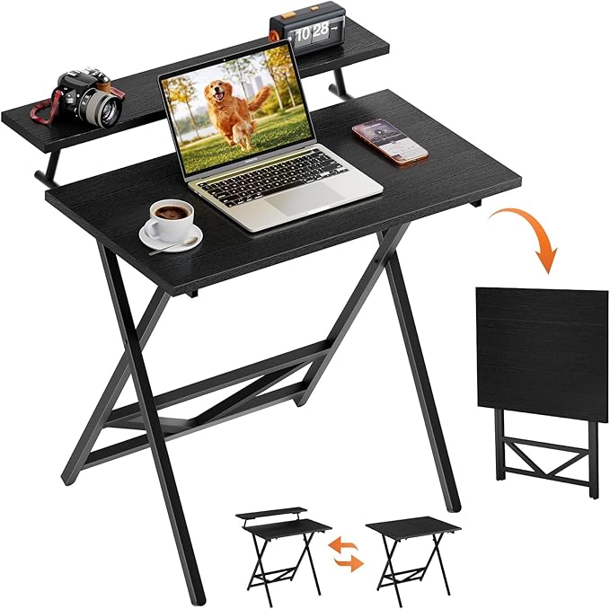 WOHOMO Folding Computer Desk with Adjustable Height 23.6 x 31.5 x 25.6 Foldable Table with Monitor Stand Small Office Desk for Bedroom Space Saving Desk for Home Office Easy Assemble Black