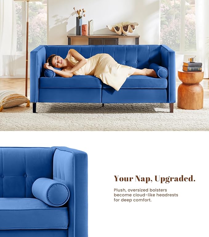 Dreamsir 58'' W Velvet Sofa Mid-Century Modern Love Seats Sofa Furniture with Two Bolster Pillows Button Tufted Couch for Living Room Easy Assembly (Loveseat Blue)