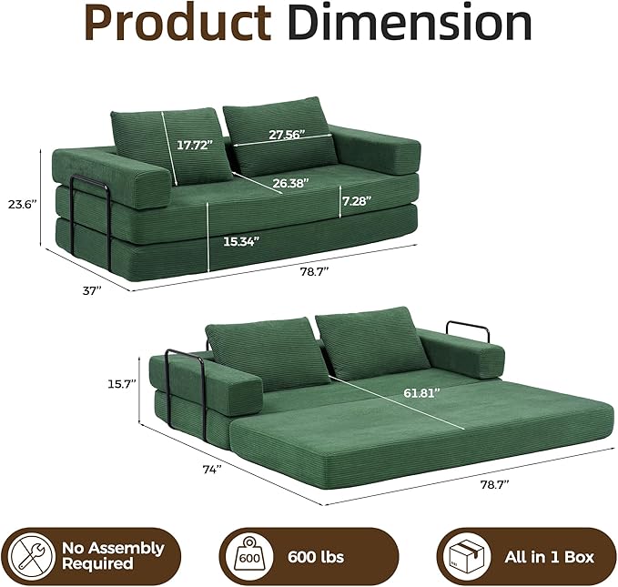 Convertible Sofa Bed 4-in-1 DIY Combination Modular Couch with Pillows Comfy Boneless Sleeper Sofa Bed with Fixed-Shape Frame Corduroy Convertible Lounge Couch for Living Room Green