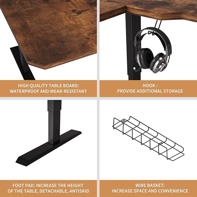 Electric Height Adjustable Standing Desk 59 L-Shaped Sit - Stand Desk for Work or Home Office Push Button Memory Settings Brown Splice Board/Black Frame