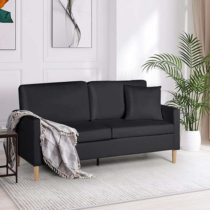 AILEEKISS 66 W Loveseat Sofa with 2 USB Mid Century Modern Love Seats PU Leather Furniture Tufted Upholstered Love Seat Couch for Living Room Office Apartment Bedroom (3-Seater Black)
