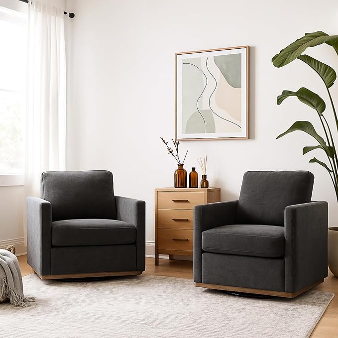 Chenille Swivel Chair 30.7 W Modern Accent Upholstered Chair Single Sofa Armchair for Office Living Room Bedroom Dark Grey.