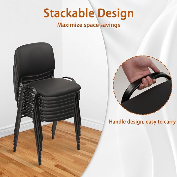 CLATINA Stacking Waiting Room Chairs PU Leather Armless Office Guest Chair with Metal Frames Stackable Conference Room Chairs No Wheels for Reception Lobby Side Meeting Training School Black