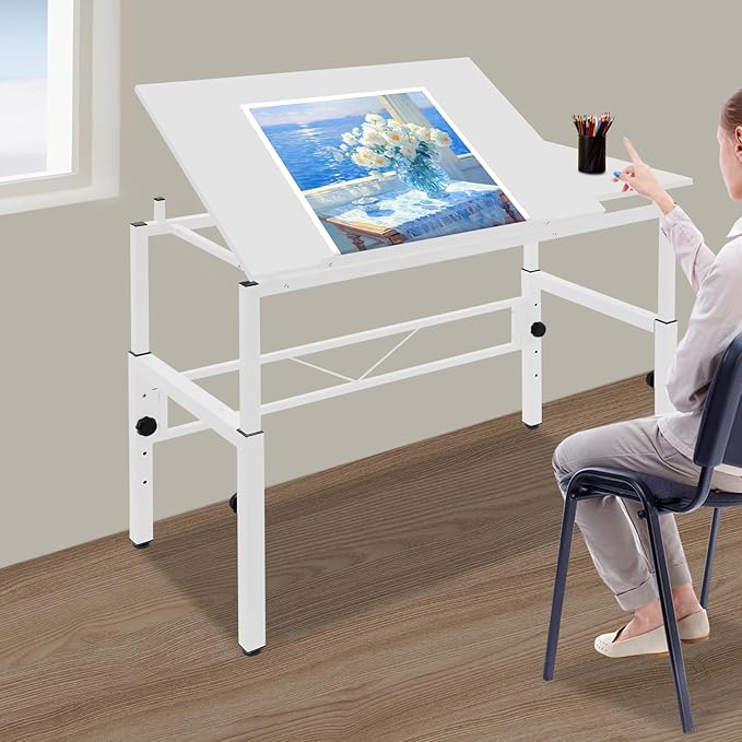 YIYIBYUS 0-30 ° Tiltable Tabletop Drawing Desk Floorstanding Drawing Table White Art Desk Artist Drafting Table Office Table Architectural Drawing Desk Computer Desk Craft Desk Hobby Table