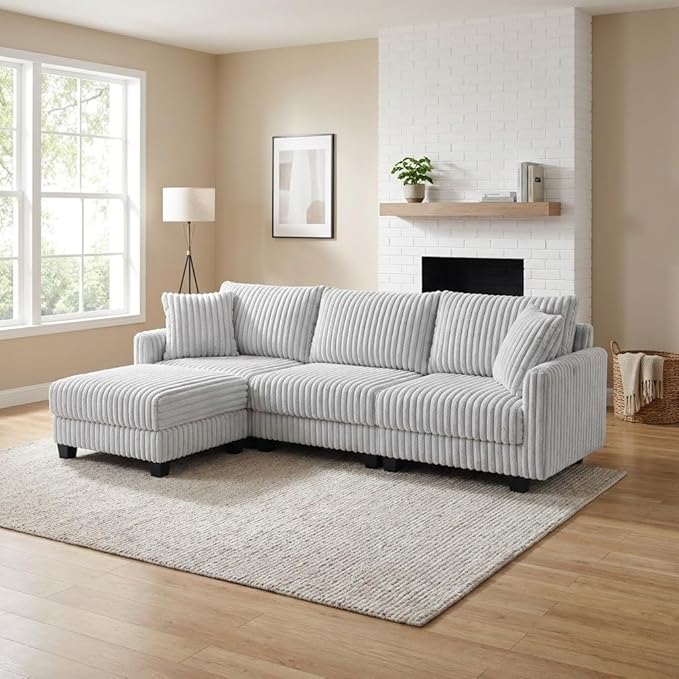100 L Shaped Sectional Couches for Living Room Modular Sectional Sofa with Movable Ottoman Corduroy 4 Seat Couch with Built-in Charging Ports Light Grey | Movable Ottoman Soft Corduroy Feel USB