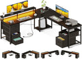 AODK 66 L Shaped Computer Desk 113“ Reversible Home Office Desk with File Cabinet &amp 4 Fabric Drawers Two Person Desk with LED Lights &amp Power Outlet Corner Gaming Desk with Monitor Shelf B