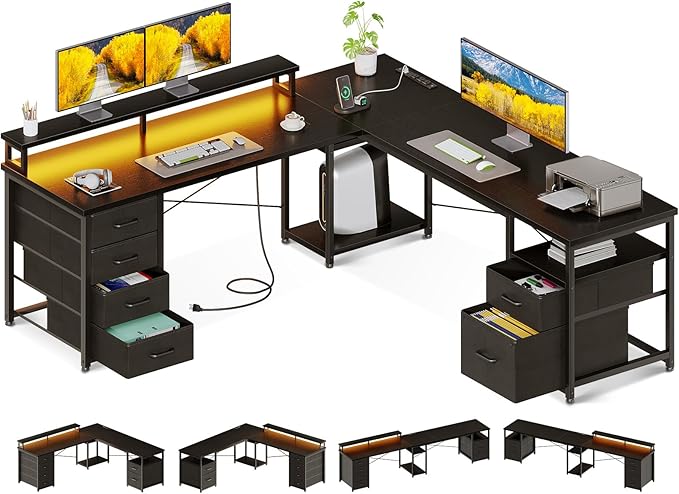 AODK 66 L Shaped Computer Desk 113“ Reversible Home Office Desk with File Cabinet &amp 4 Fabric Drawers Two Person Desk with LED Lights &amp Power Outlet Corner Gaming Desk with Monitor Shelf B