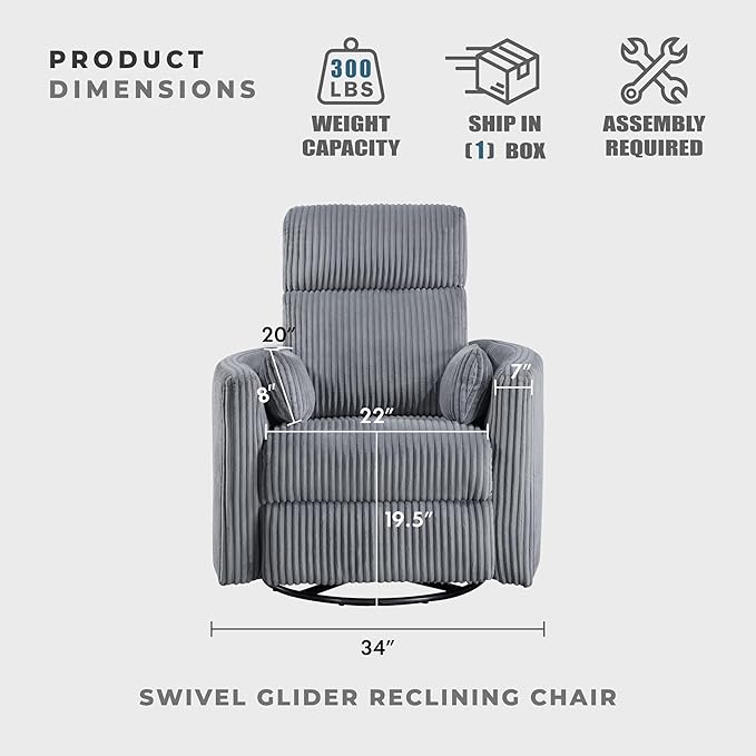 Lexicon Modern Swivel Glider Recliner Chair Nursery Glider Corduroy Fabric Upholstery Recliner with 2 Lumbar Pillows Manual Reclining Sofa Chair for Living Room/Office/Apartment Grey