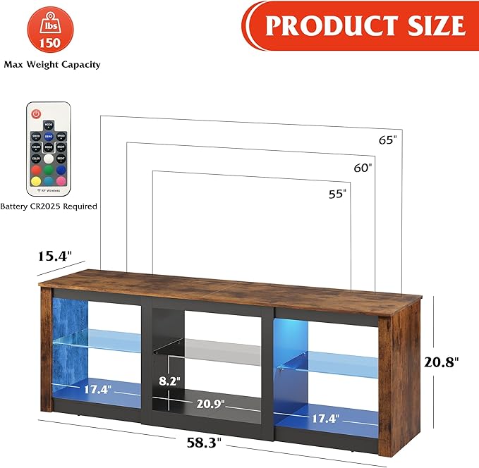 WLIVE RGB LED TV Stand for 65-Inch TV 58-Inch Entertainment Center with Adjustable Glass Shelves Modern Media Console for Living Room &amp Bedroom Rustic Brown