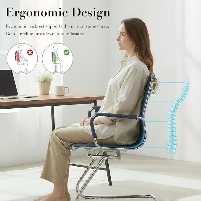 CIMOTA Waiting Room Chairs Leather Office Guest Chair Mid Back Reception Chairs with Sled Base for Meeting/Patient/Conference Room Navy Set of 6