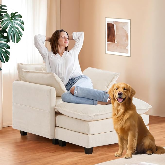 Furniliving Oversized Accent Chair with Ottoman Luxury Chenille Single Sofa Upholstered Deep Seat Chaise Lounge with Pillows for Living Room Bedroom Apartment Beige