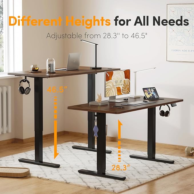 Cubiker Modern Black Walnut 55 x 24 Inch Electric Standing Desk 28-46.5 Inch Height Adjustable 2-Monitor Capacity Gaming