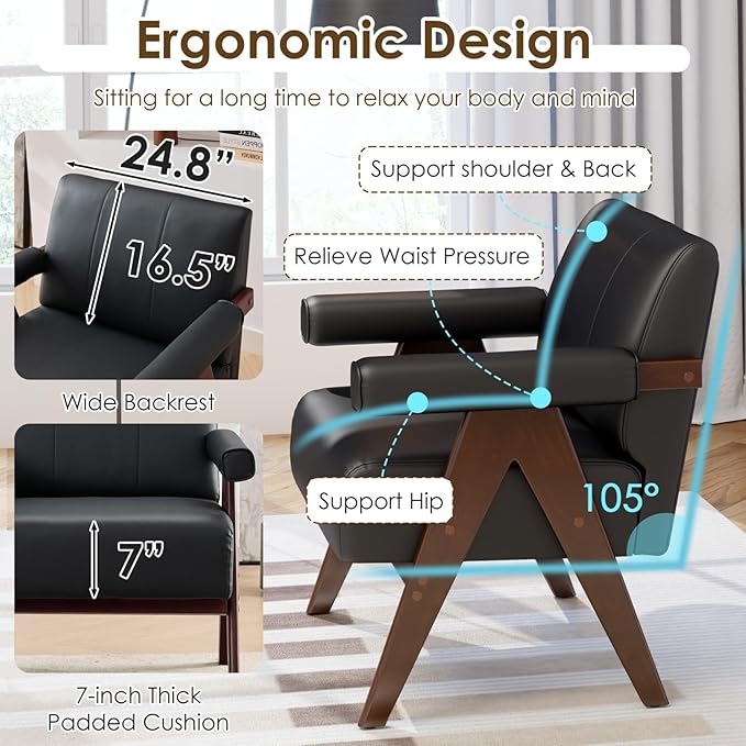 STHOUYN Black Leather Accent Chairs Mid Century Modern Chair Side Arm Chairs for Living Room Office Guest Waiting Room Chairs (1 Black)