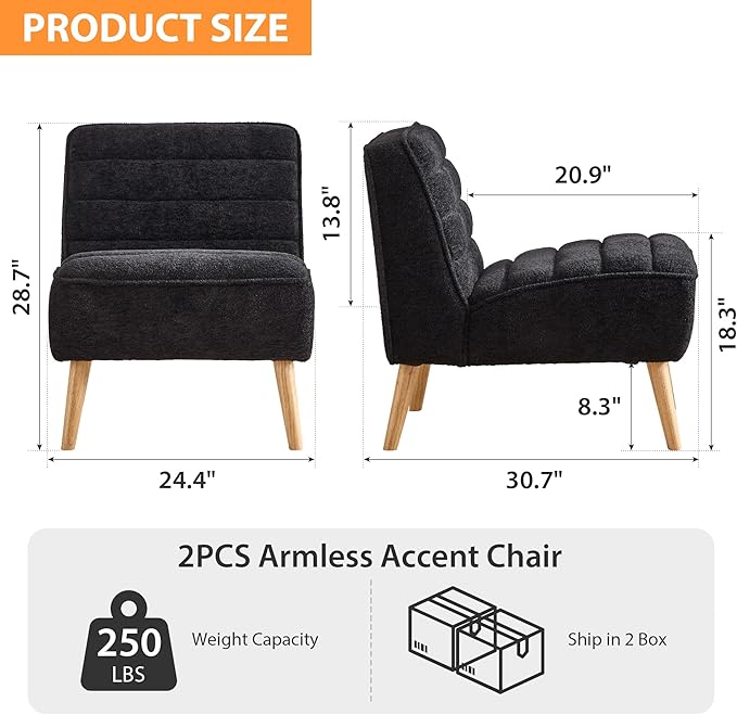 Chifee &amp Vingol Armless Accent Chair Set of 2 Modern Living Room Chairs Upholstered Bedroom Accent Chairs Comfy Makeup Vanity Chair Armless Chair with Wooden Legs for Bedroom Office CafeBlack