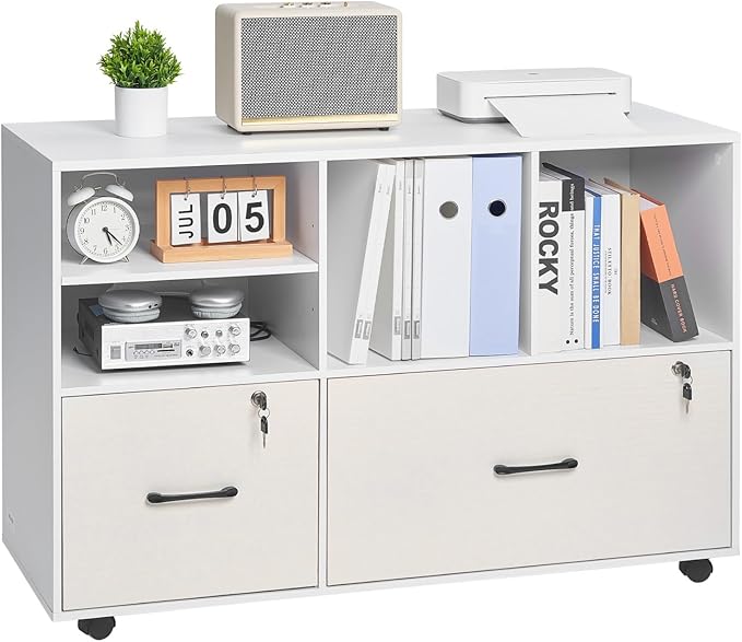 VEVOR 2 Drawer Wooden File Cabinet Mobile Filing Cabinet with Open Shelves Lockable Lateral Rolling File Storage with Adjustable Shelves Free Standing Printer Stand for Home Office School White