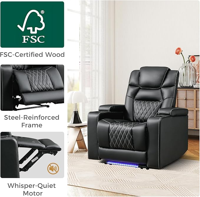 ANJ Power Recliner Chair with USB Port Electric PU Leather Home Theater Seating for Living Room Movie Reclining Chairs with Blue Ambient Lighting Hidden Arm Storage Cup Holders (Black)