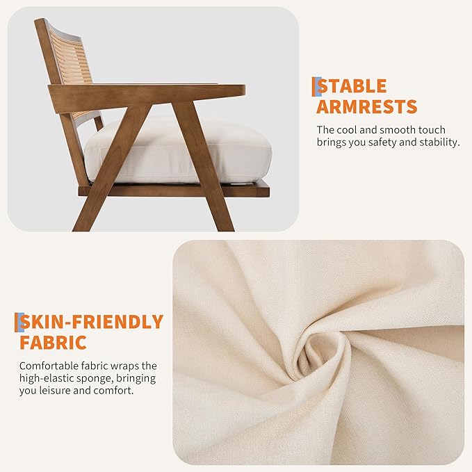 GarveeHome Mid-Century Farmhouse Accent Chair - Wood Armchair with Rattan Backrest &amp Linen Cushion for Living Room Bedroom - Beige Easy Assembly(2 Pcs)