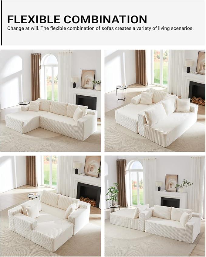 105 Inch Cloud Sectional Couch Modular Sectional Sofa with Deep Seat Corduroy Boneless Couches with L-Shape Chaise for Living Room Bedroom Left Facing Chaise No Assembly Required (White)