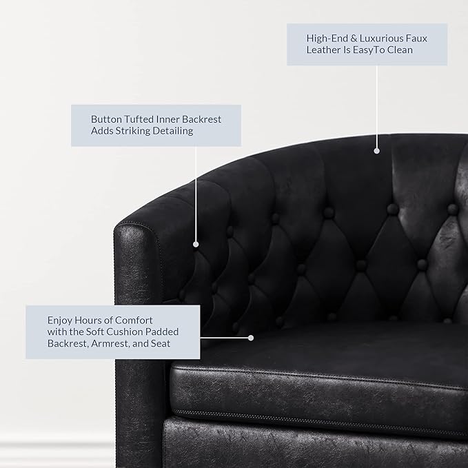 BELLEZE Black Accent Chairs for Living Room Set of 2 Elegant Arm Chairs Upholstered Tufted Barrel Chairs Club Chairs for Bedroom with Sturdy Legs and Faux Leather - Berlinda (Black)