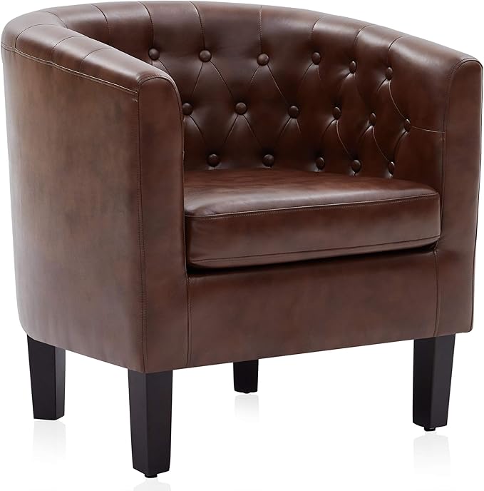 BELLEZE Accent Barrel Arm Chair Modern Comfy Upholstered Tufted Club Chair with Sturdy Legs and Linen Fabric for Bedroom Living Room - Caramel