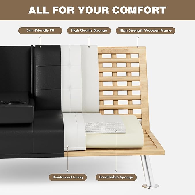 Homall Futon Sofa Bed Leather Futon Couch with Removable Armrests Adjustable Recliner Sleeper Sofa Bed with Dual Cup Holders for Living Room Apartment Office (Black)
