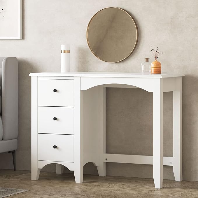 SDHYL 37.4 inches Vanity Table Small Space Teens Study Student Desk Bedroom Home Office Desk with Three Drawers Writing PC Table White S7-CYS-ST005-US