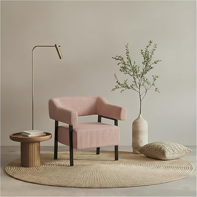 Corduroy Upholstered Accent Chair - Cozy Modern Decorative Armchair Comfortable Cute Corner Side Chairs for Living Room Bedroom Reading Nook Small Spaces (Pink Black Leg)