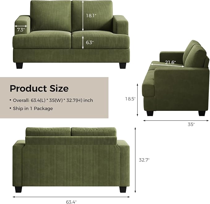 63 Inch Sofa with Extra Deep Seats Oversize Corduroy Fabric 2 Seater Sofa for Living RoomModern Couch and Loveseat Comfy Armrests and Seats and Backrests Easy Installation Green