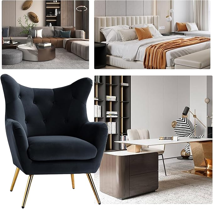 HULALA HOME Velvet Accent Chair Set of 2 Modern Wingback Arm Chair with Metal Gold Legs Velvet Tufted Upholstered for Living Room Bedroom(Black)