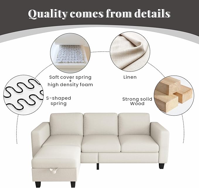 Sectional Sofa Couches for Living Room - L Shaped Cloud Couch-Small Modular 3 Seat-Comfy Linen with Storage Deep Seat SofaWashable Covers-Suitable for Living Room-Apartment-Office-Beige