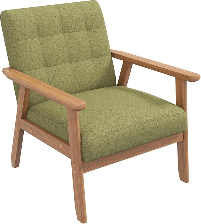 Westice Accent Chair 1PC Mid-Century Modern Living Room Chairs with Solid Wood Frame &amp Soft Thicken Cushion Upholstered Reading Arm Chair for Bedroom Balcony Green Linen Fabric &amp Natural L