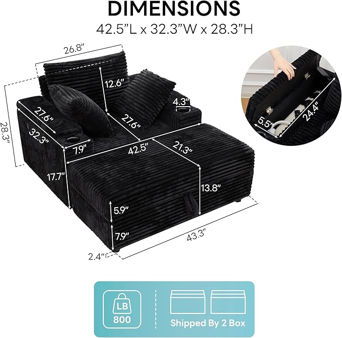 LIKIMIO 54''Corduroy Oversized Chaise Lounge Chair IndoorFirm Solid Wood Frame with USB&amp Cup HolderMovable Storage OttomanReading Chair for Living Room Study Room (Black)