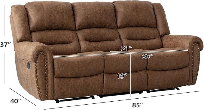EBELLO Faux Leather Manual Reclining Sofa Recliner 3 Seat Loveseat Sofa Chair Couch for Living Room Bedroom Furniture Meeting Room Brown (3 Seat Sofa)