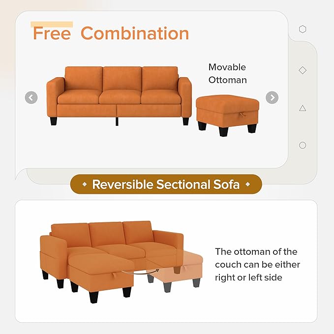ZeeFu Convertible Sectional Sofa CouchClassic 3 Seat L-Shaped Sofa Set with Movable Ottoman Modern Orange Velvet Upholstered Small Sectional Sofa Couch for Small Space Apartment Living Room Office