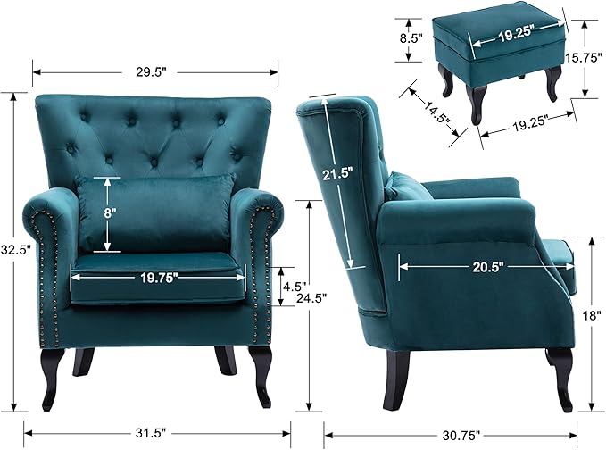 chairus Mid-Century Modern Accent Chair with Ottoman Comfy Velvet Single Sofa Chair Button Tufted Wingback Armchair with Pillow for Living Room/Bedroom/Club - Teal